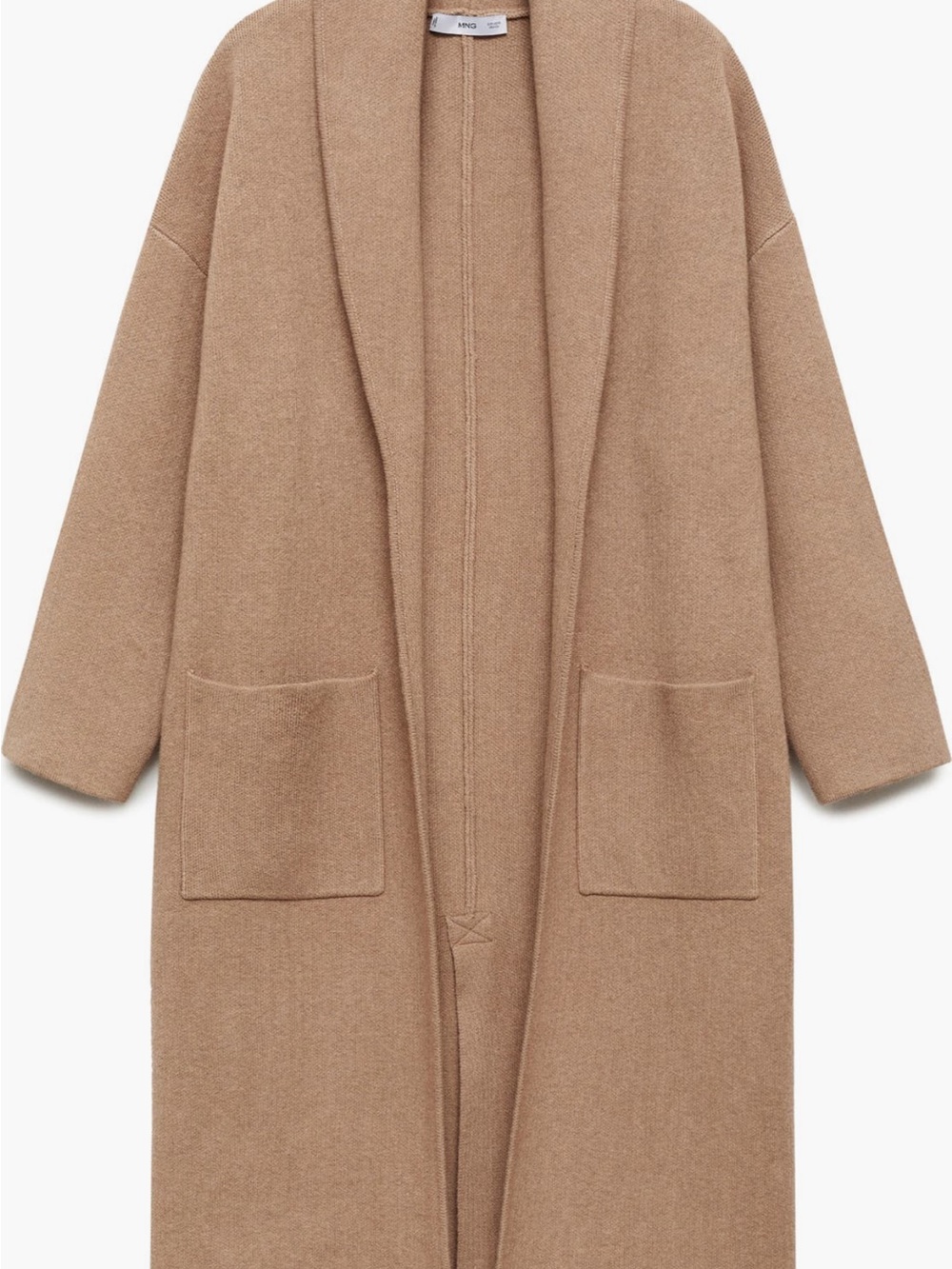 Mango Tan Open-Front Long Coat Cardigan with Patch Pockets